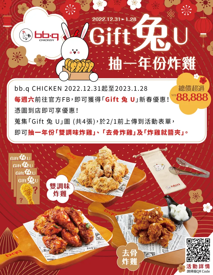 「bb.q CHICKEN」從12/31起，將連續四週發文分享「Gift兔U」優惠圖，2/1前集滿4張優惠圖並上傳至活動網站，抽「一年份炸雞」。業者提供