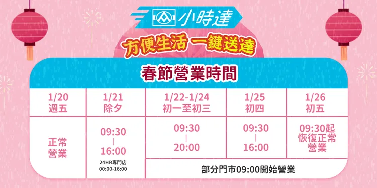 全聯小時達營業時間。業者提供