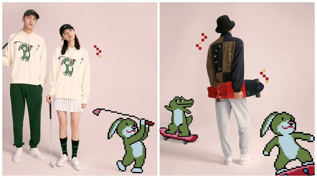 LACOSTE 2023兔年新春系列與中國設計師品牌PRONOUNCE合作,以2D像素風創作新春小兔子和小鱷魚圖案展現萌趣。品牌提供