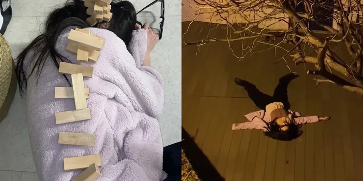 韓素希（左圖）喝茫無意識，身上被排疊疊樂，還以大字型癱睡在地上。翻攝韓素希IG