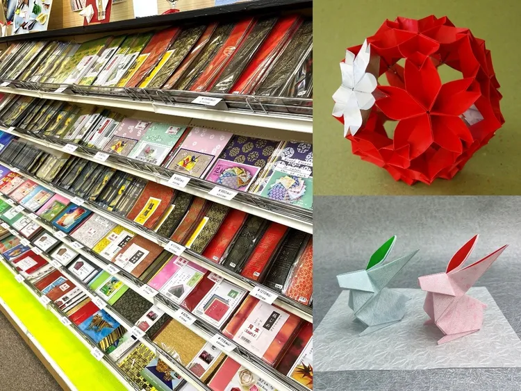 圖６：（左）賣場：和紙、折紙，以及折紙所需的小物或道具都可在此購入，品項高達2000多件，非常豐富。（右上）折紙套組：櫻玉（右下）折紙套組：雪兔。Ⓒ御茶水 折紙會館