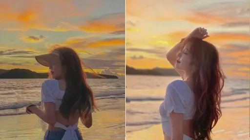 金黃夕照灑落沙灘！正妹明眸皓齒更亮眼　大波浪長髮浪漫極了