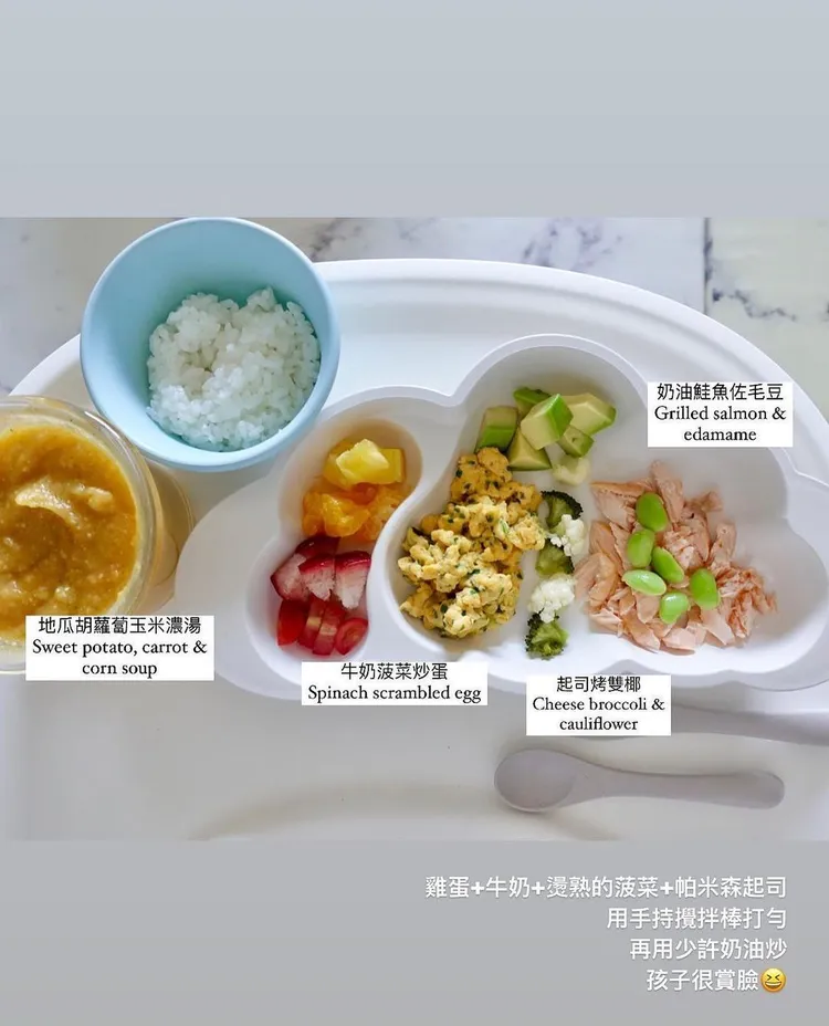 廖曉喬在2022年為兒子烹調的餐盤紀錄，看起來十分可口悅目。翻攝bridgette_xoxo IG