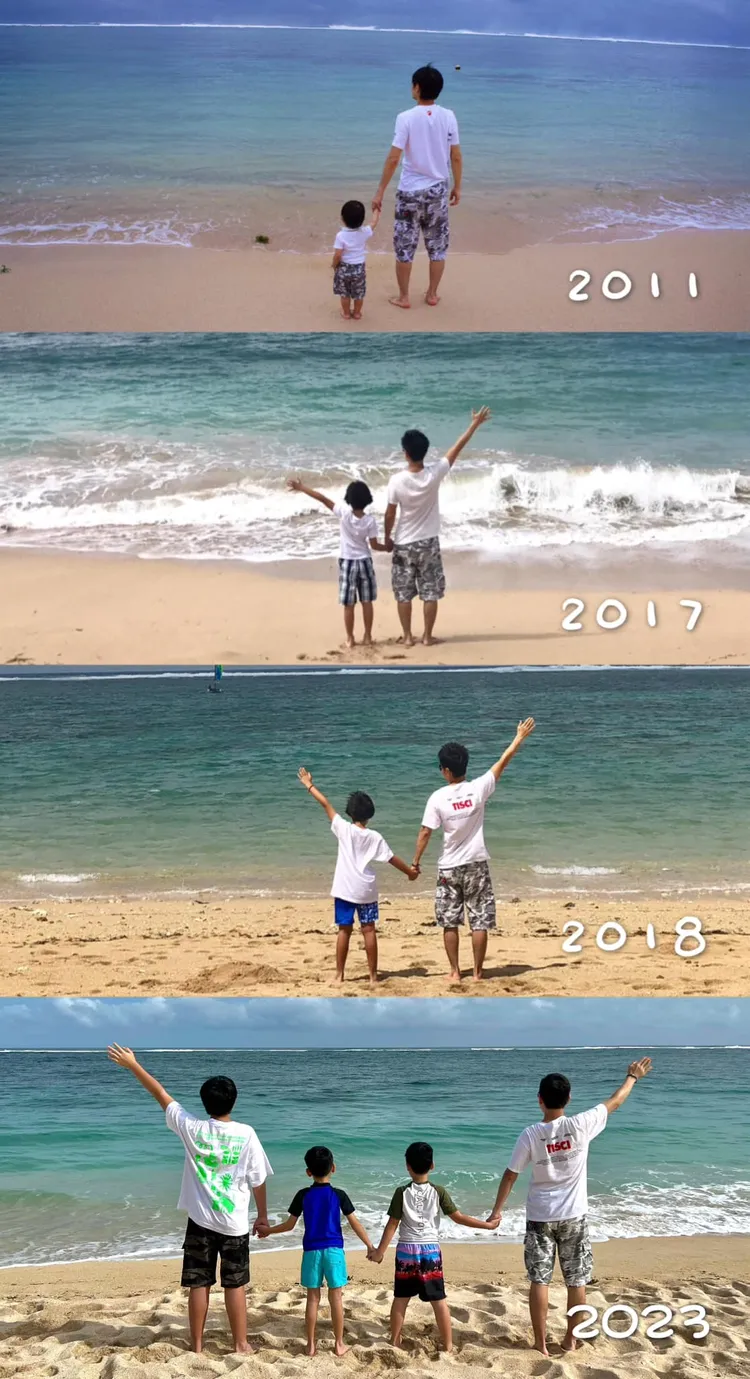 林志穎曬出父子12年前對比照，眼尖的網友發現他12年都穿同一條褲子。翻攝林志穎臉書