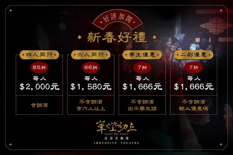 華燈初上沉浸式劇場推出不同票價優惠方案。業者提供