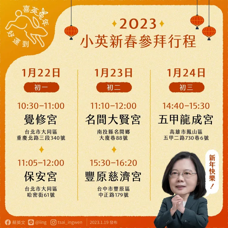 蔡英文初一到初三參拜行程。取自蔡英文臉書