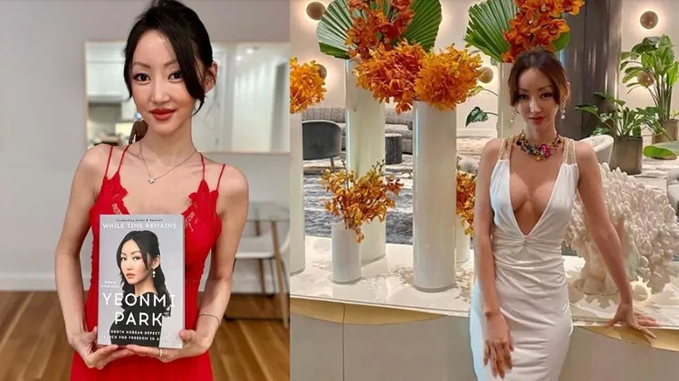 曾經的「最美脫北女孩」朴研美手持第二本書（左），現在的她與當年判若兩人。最明顯的是，人變瘦了，罩杯變大了，滿滿的風塵美、塑膠美、科技美。翻攝instagram/yeonmi_park