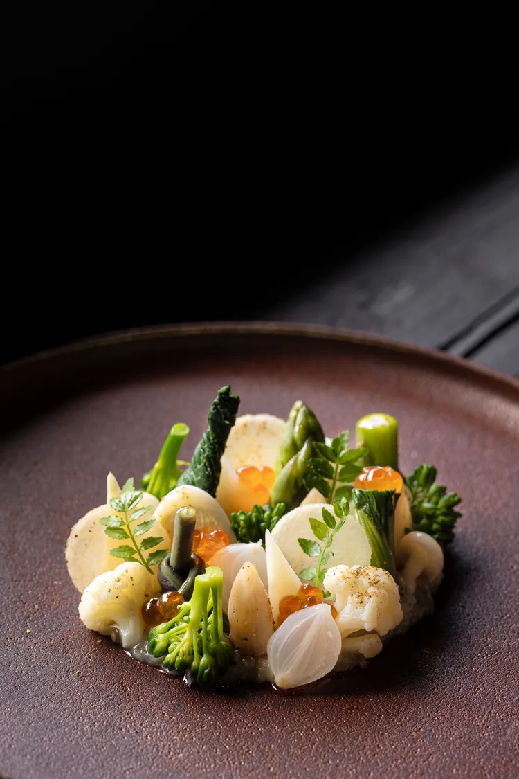 鱒卵茄泥冬蔬。業者提供