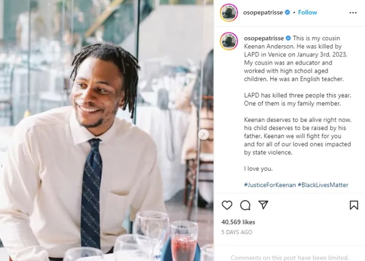黑人大型抗議事件組織者之一庫爾洛斯在推特懷念她的親戚安德森。翻攝twitter@ Patrisse Cullors