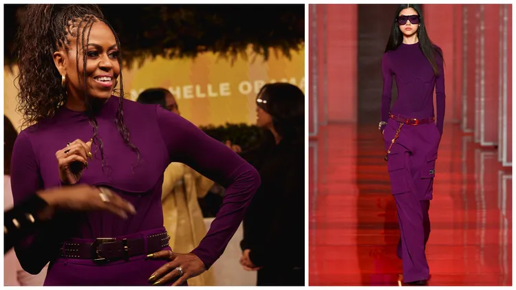 美國前總統夫人蜜雪兒歐巴馬選穿VERSACE 2022秋冬紫色馬甲線條上衣搭配工裝寬褲和金屬色皮帶的造型，展現俐落幹練的時髦風格。品牌提供