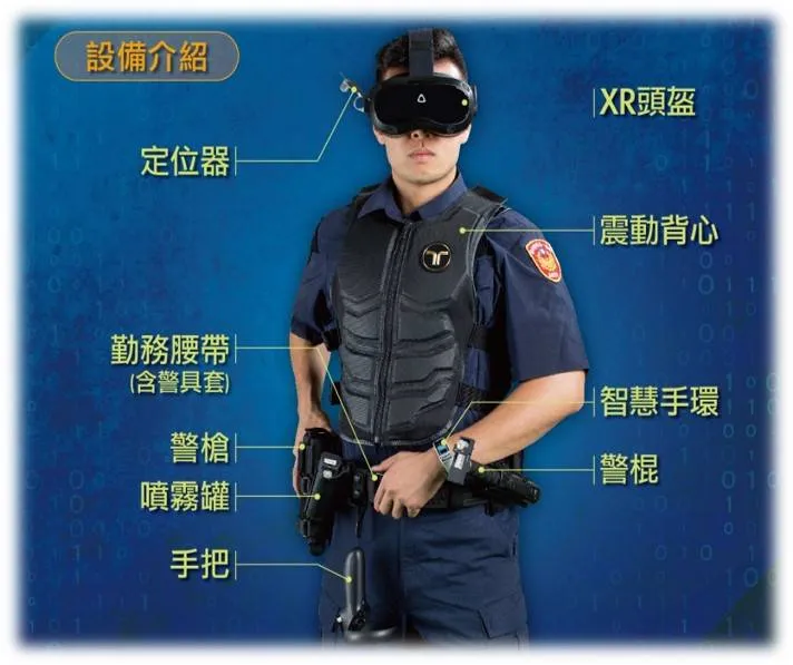 受訓警員使用模擬警槍、警棍、電擊器及防護型噴霧器等裝備，做出臨場反應。翻攝畫面