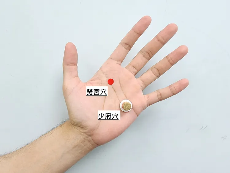 冬季手腳偏冷，可用溫毛巾溫敷或吹風機溫吹「勞宮穴」和「少府穴」。奇美醫院提供
