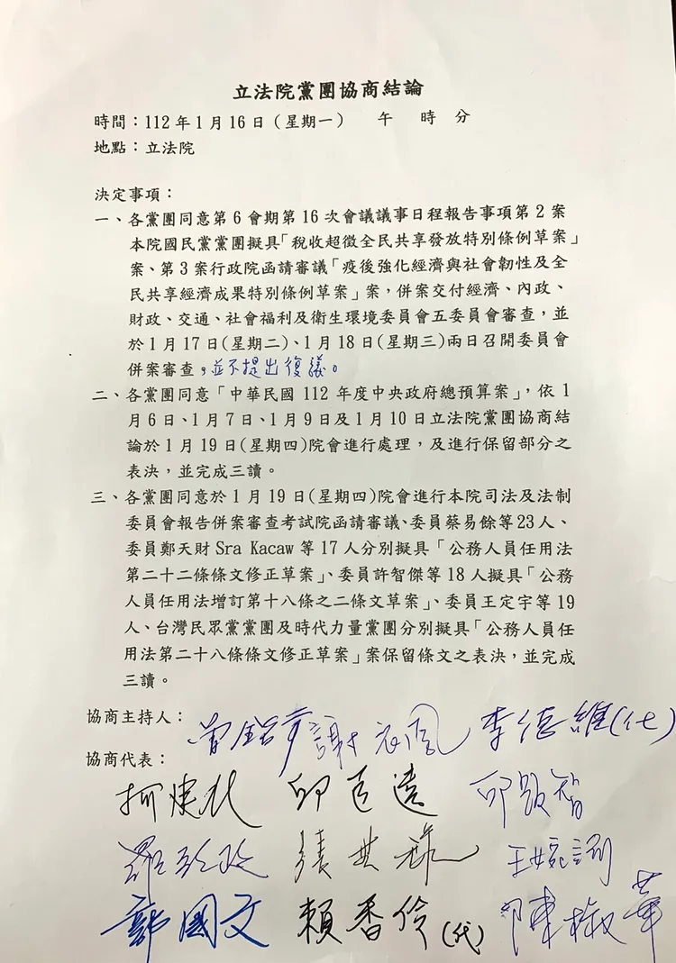 今日黨團協商結論。民進黨團提供