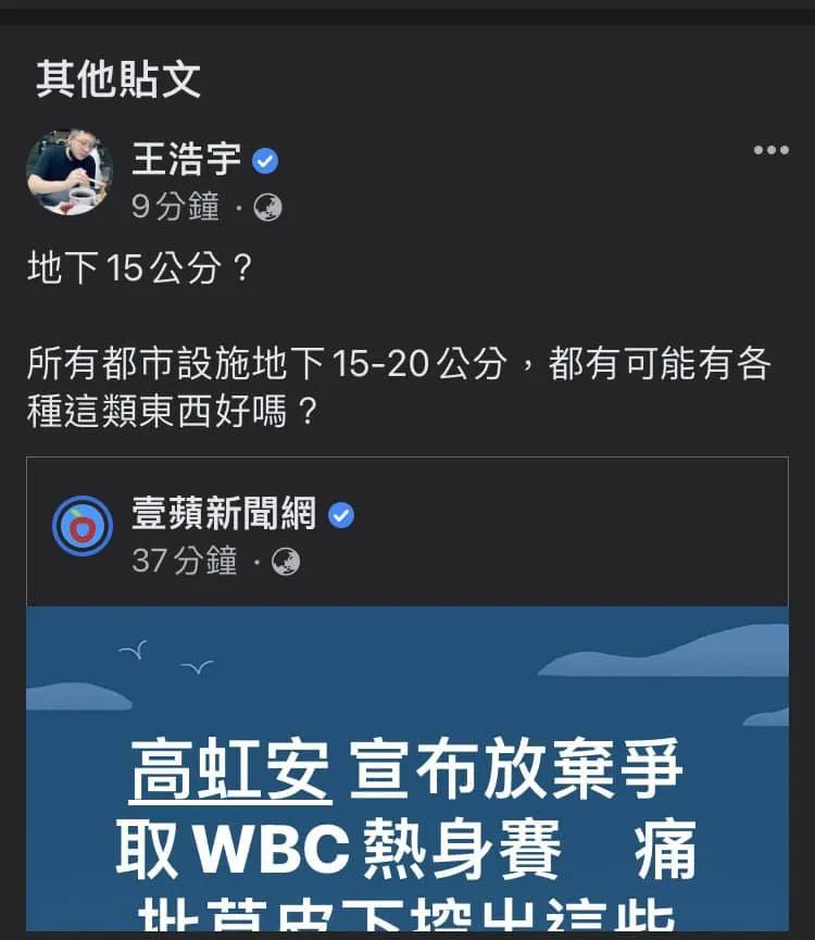 王浩宇發文護航卻刪文，已遭網友截圖。翻攝自王浩宇臉書