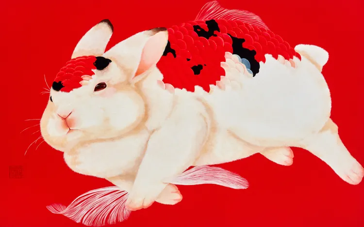 台北遠東香客里拉邀請當代藝術家蔡芙郡於大廳展出錦兔系列作品-春江。業者提供