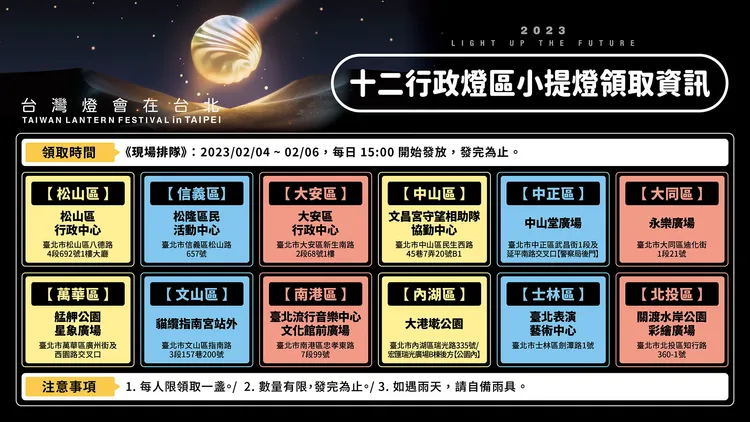 十二行政燈區發放時間及地址。台北市觀傳局提供