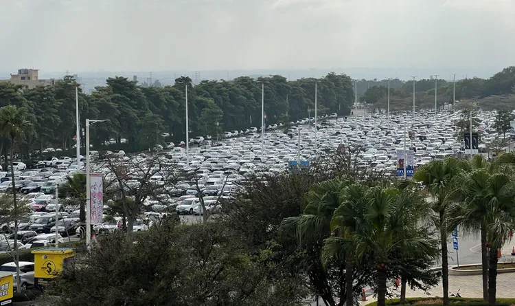 麗寶停車場在春節期間出現有如「新車到港」的盛況。業者提供