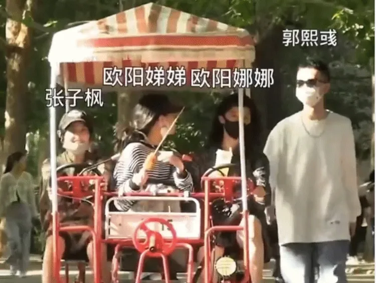 郭熙彧（右起）曾被拍到陪歐陽娜娜、歐陽娣娣及張子楓一起出遊。翻攝酷的追星日記