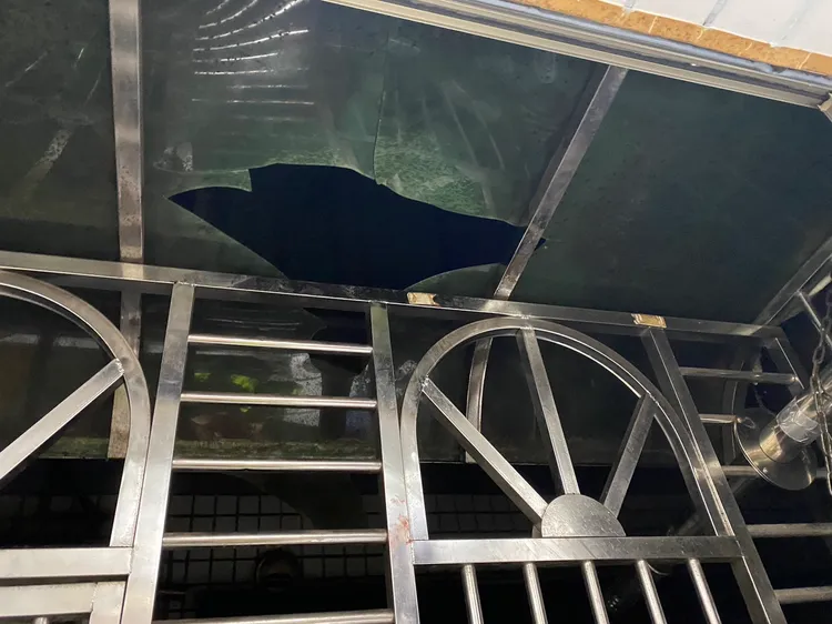 謝男破壞陽台遮雨棚企圖逃走。翻攝畫面