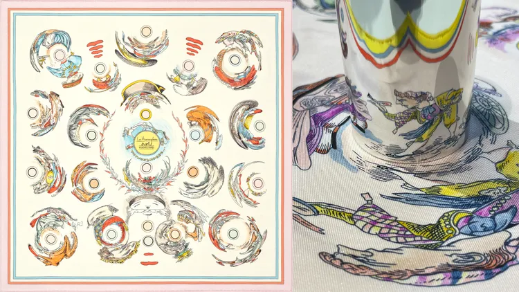 Les Anamorphoses圖紋印花斜紋真絲仿古方巾70 cm（左，品牌提供），只要把圓柱狀鏡面對準圓點處，即可窺見圖案的真實樣貌（右，陳張眾攝），1萬2700元。