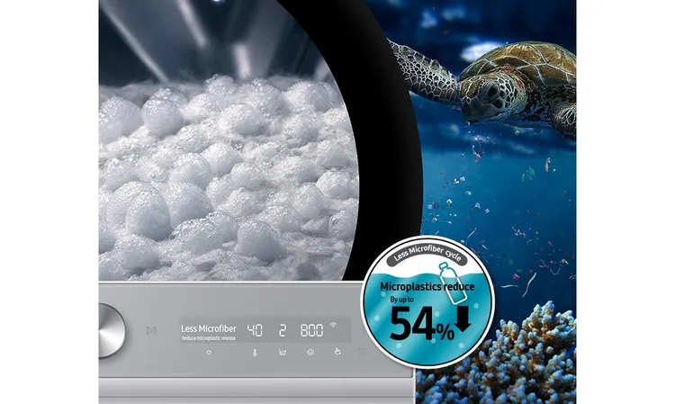 三星洗衣機能減少54%洗滌造成的塑膠微粒釋放量。業者提供