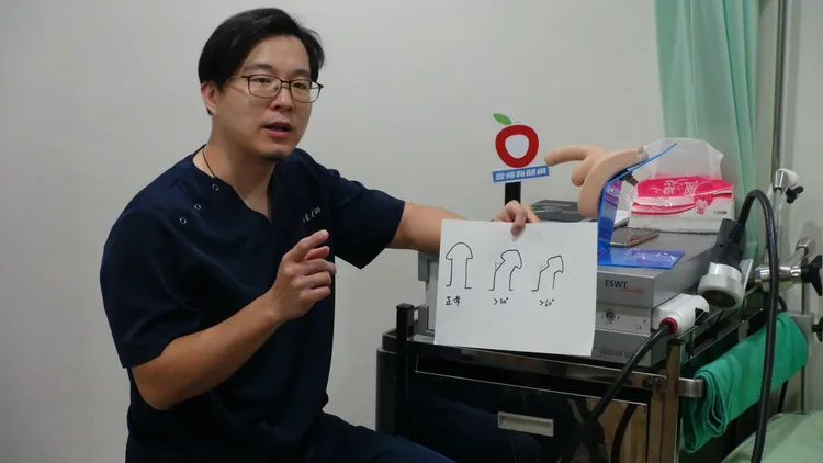 蘇信豪醫師以手繪圖說明陰莖直挺（左起）彎曲30度建議就醫與彎曲60度角度太大、恐難性愛的示意圖。侯昌騰攝