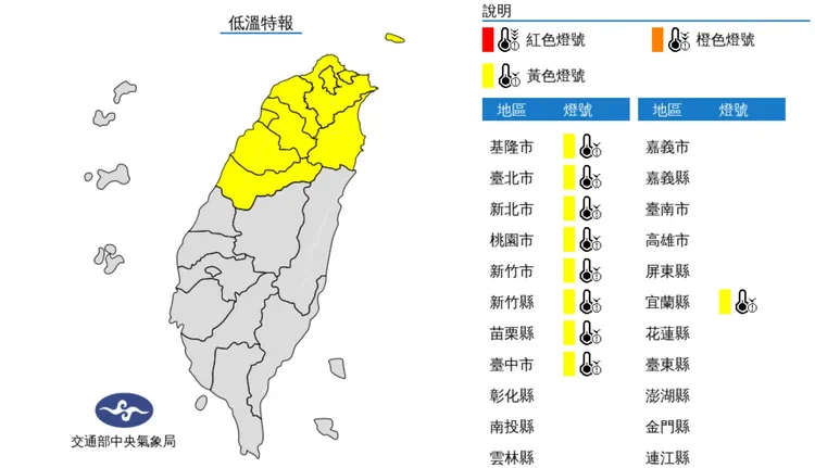 9縣市發布低溫特報，今晚至明天下午有10 °C以下發生機率。氣象局提供