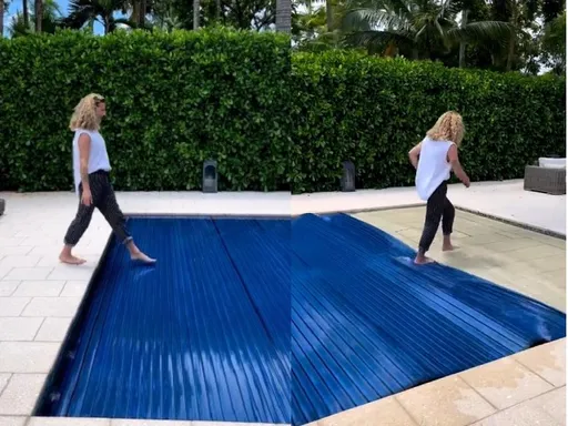 都把游泳池蓋起來了　她還要溜到上面趴趴走