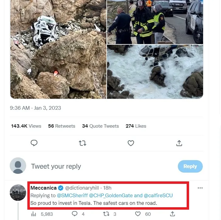 當地聖馬刁郡警方將案情公布在推特上，網友回應「投資特斯拉無比驕傲，道路上最安全的車。」（紅框處）翻攝San Mateo County Sheriff office