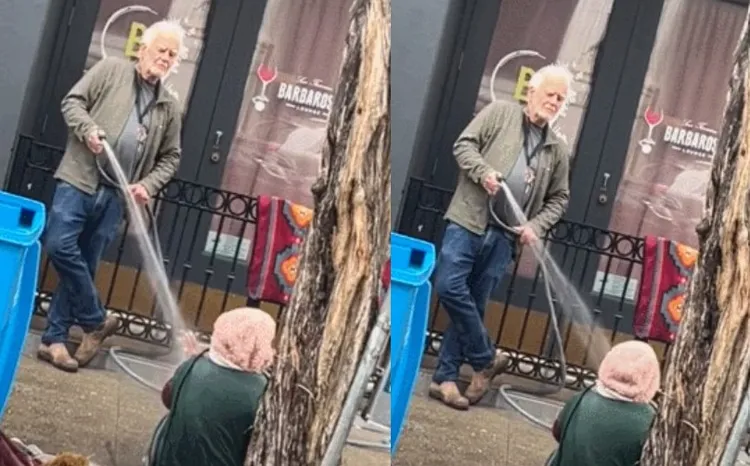 上流社會的畫廊老闆噴冰水趕女街友，輕蔑不屑表情引爆網友怒火。翻攝twitter@clownworld