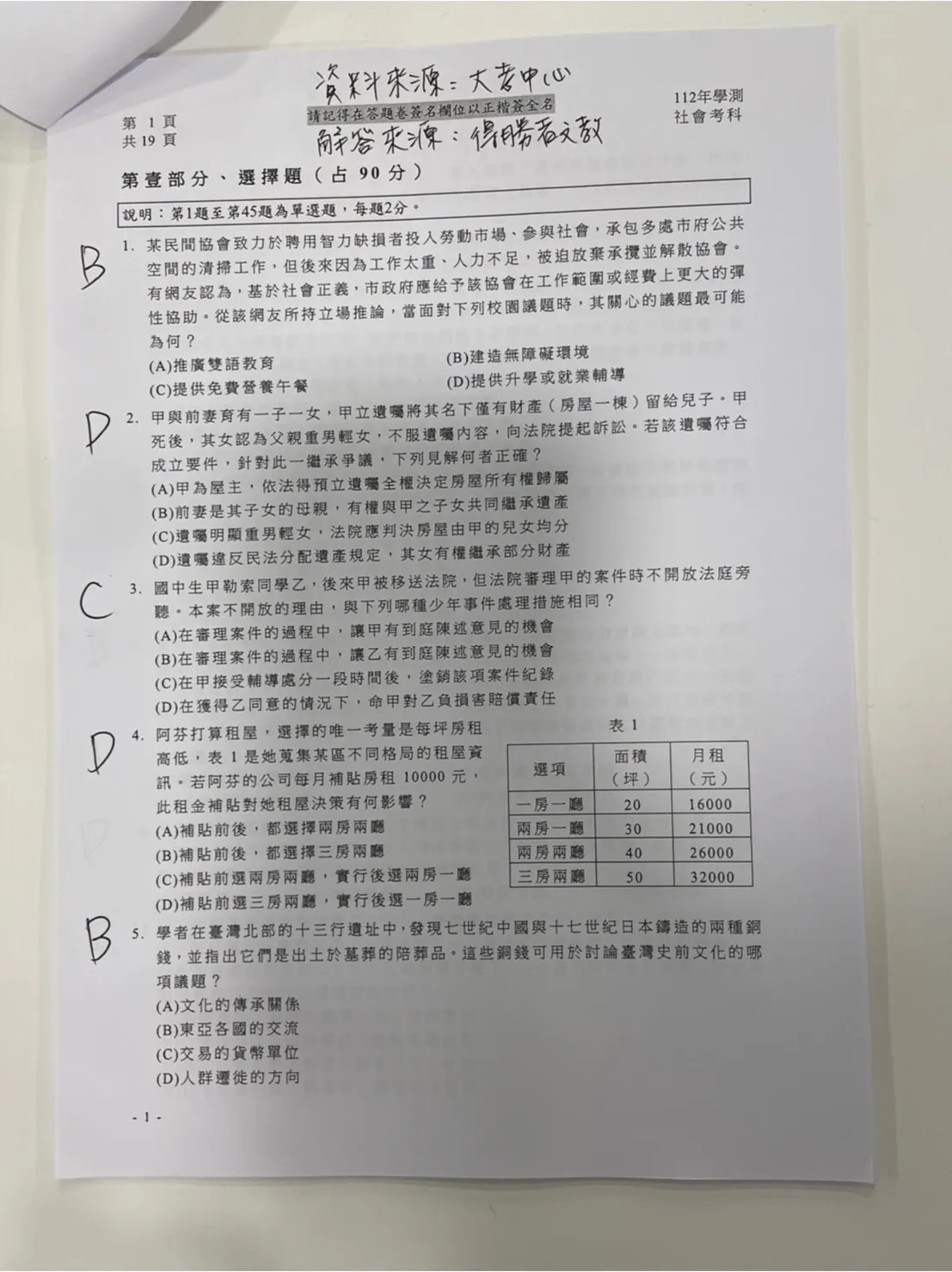 補教搶先公布學測社會科解答。得勝者文教提供