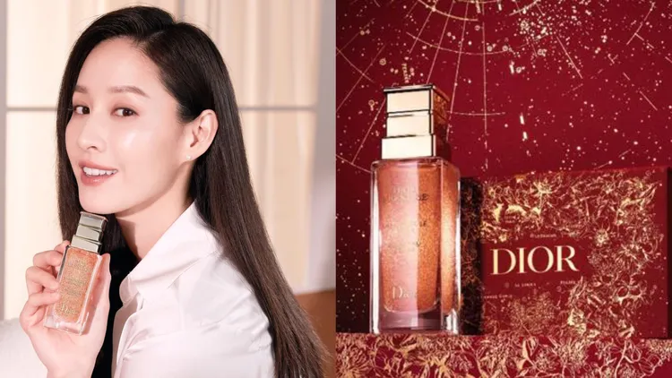 女星曾愷玹大推的Dior精萃再生玫瑰微導精露，推出2023新年珍藏版，50ml／1萬2400元。左圖翻攝kaikaitzeng0422、右圖品牌提供