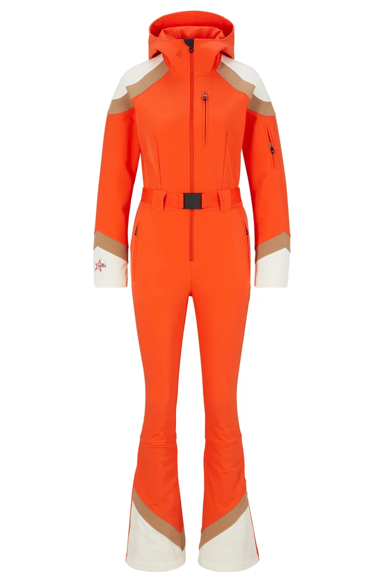 亮橘色滑雪連身褲裝，4萬3900元。品牌提供