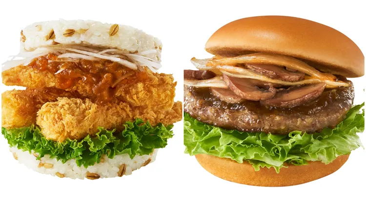 干貝XO海老珍珠堡(左起)，售價115元；和風蕈菇厚牛堡，售價105元。業者提供