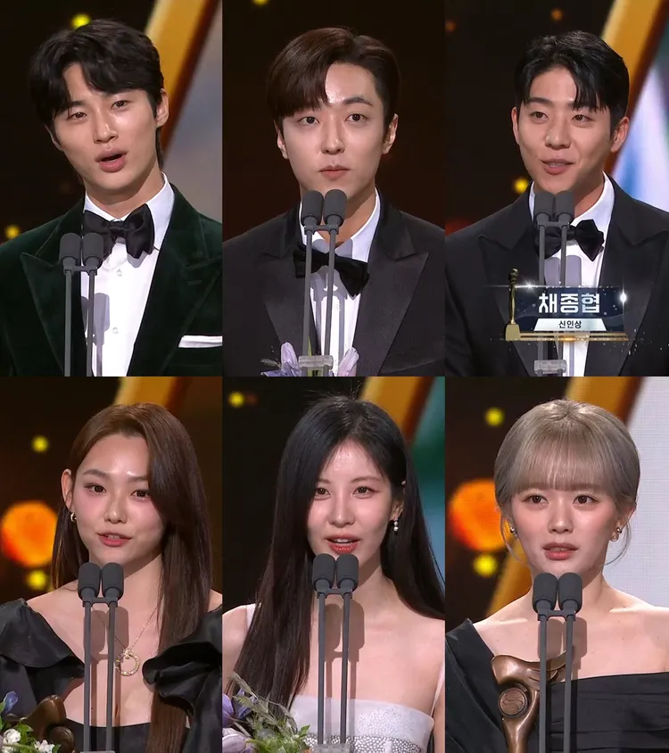 邊佑錫（上圖左起）、李有鎮、蔡鍾協、康美娜（下圖左起）、徐玄、鄭知蘇拿下男女新人獎。翻攝KBS
