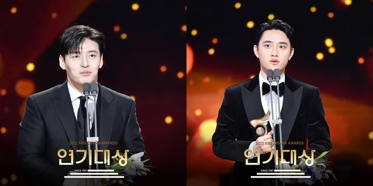 姜河那（左圖）、EXO成員D.O同時拿下最優秀演員獎及人氣獎。翻攝KBS