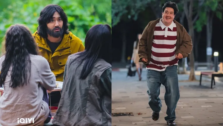 始源（左圖）劇中不計形象，先是滿臉鬍渣連接長髮超頹廢，還以特效化妝變成100公斤胖弟。愛奇藝國際站提供、翻攝TVING