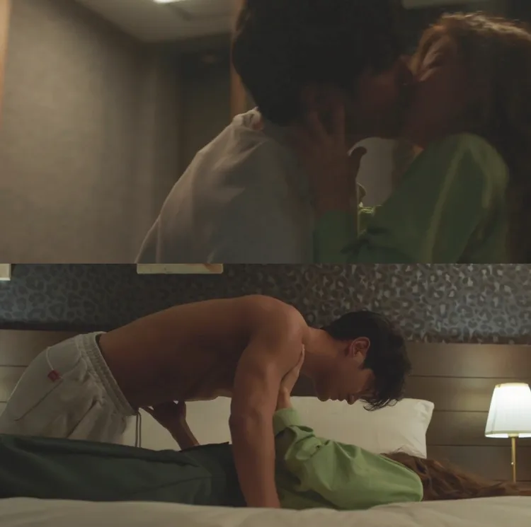 始源在《酒鬼都市女人們2》吻李先彬親到欲罷不能，撲倒她滾床。翻攝friDay影音