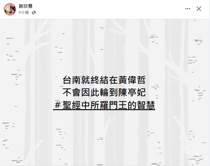 謝欣霓說她認為台南市就將終結在黃偉哲。引自謝欣霓臉書