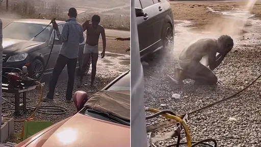 影片|有錢任性?開賓士到洗車場 駕駛要求「高壓水槍射我」半裸洗香香