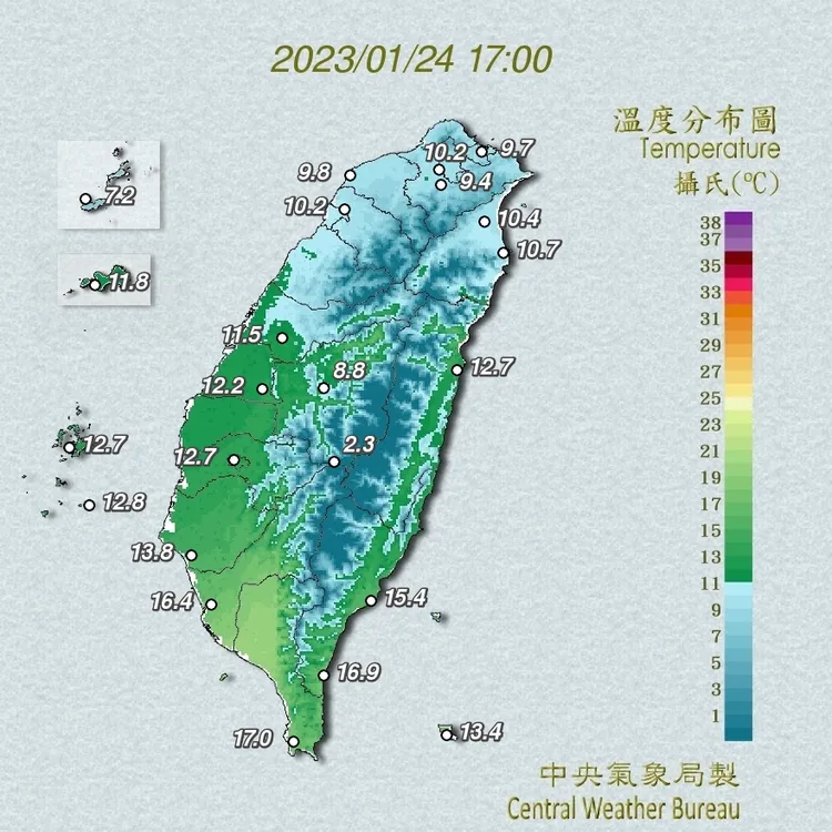 今17時的溫度分布圖顯示部分測站低溫已跌破10°C。氣象局提供