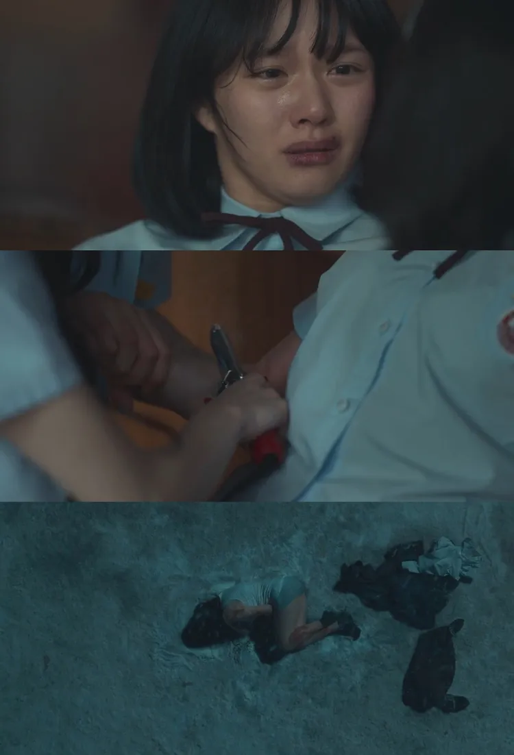 鄭知蘇《黑暗榮耀》被同學以電棒捲霸凌，脫掉外衣在雪中緩和發癢的傷口。翻攝Netflix