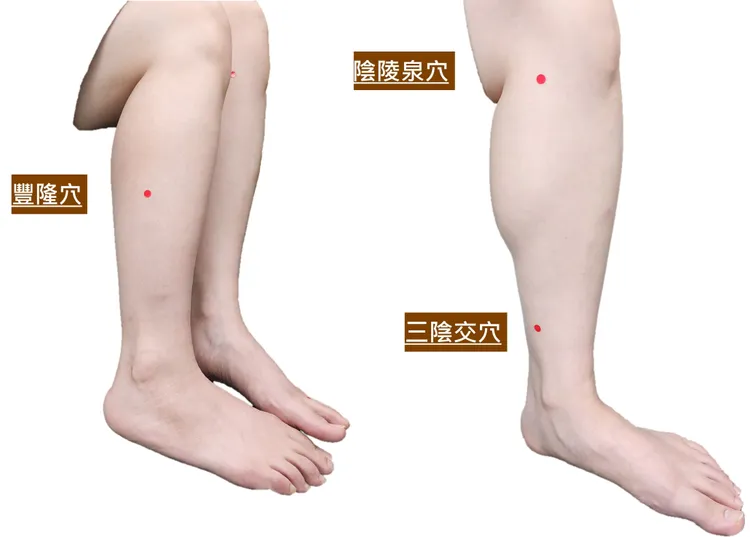 「豐隆穴」多按壓可健脾化痰濕；多按「陰陵泉穴」改善月經週期不規則、經痛、水腫、白帶狀況；「三陰交穴」多按可改善月經失調。奇美醫院提供