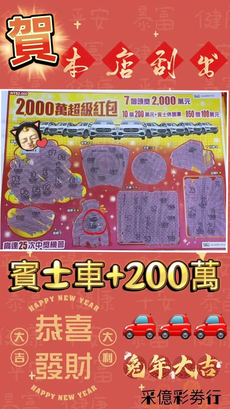 刮中200萬及賓士車的刮刮樂。翻攝自采億彩券行臉書