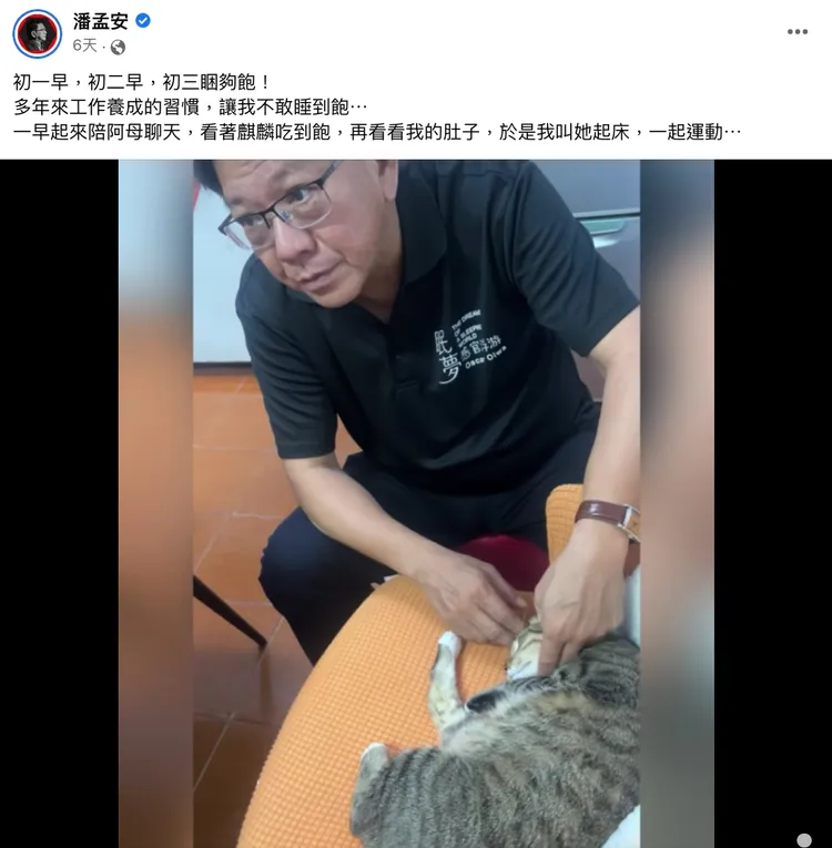 屏東縣前縣長潘孟安在過年期間發文，貼出開心的玩貓影片。翻攝自潘孟安臉書