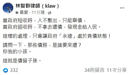 林智群逆風提出1問題，「那些債務，是誰要來還？」他認為就是債留子孫。翻攝自林智群臉書