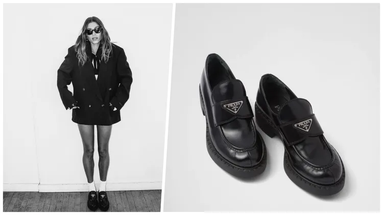 海莉畢柏（左圖，翻攝haileybieber IG）以長版西裝外套營造下身失蹤的穿法，就配了白襪子和PRADA Chocolate黑色厚底樂福鞋（右圖，品牌提供），4萬元。