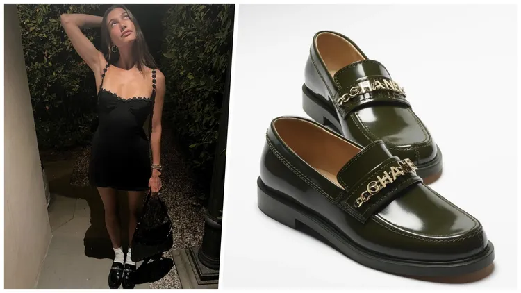 海莉畢柏（左圖，翻攝haileybieber IG）穿上細肩帶合身短洋裝配襯白襪和樂福鞋，酷酷的又性感。Chanel logo結合金屬鍊設計的光澤小牛皮皮革樂福鞋（右圖，翻攝香奈兒官網），4萬6300元。