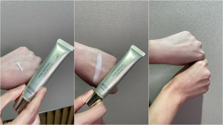 亮澤盈潤隔離霜使用於手部後，色澤差異相當明顯。張家玲攝