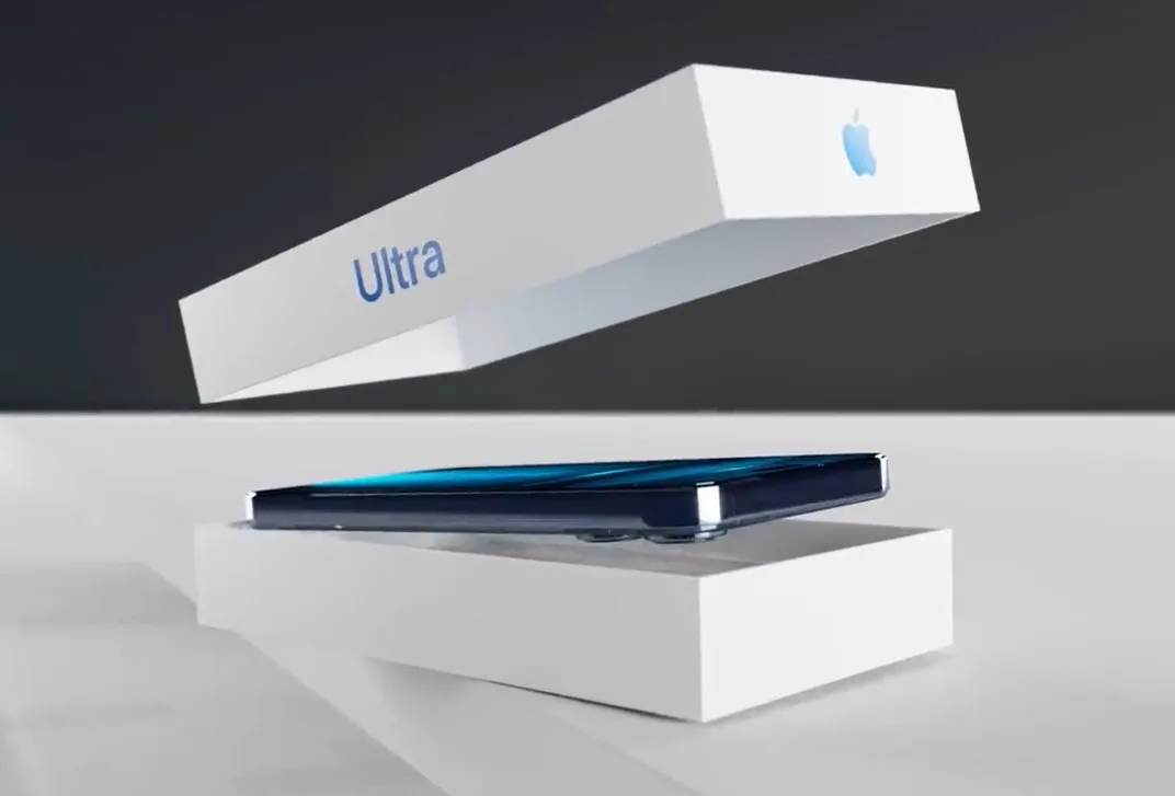 iPhone 15 Ultra邊框採鈦金屬材質,白色包裝盒上印著蘋果標誌和Ultra字樣。翻攝AppleTrack的推特